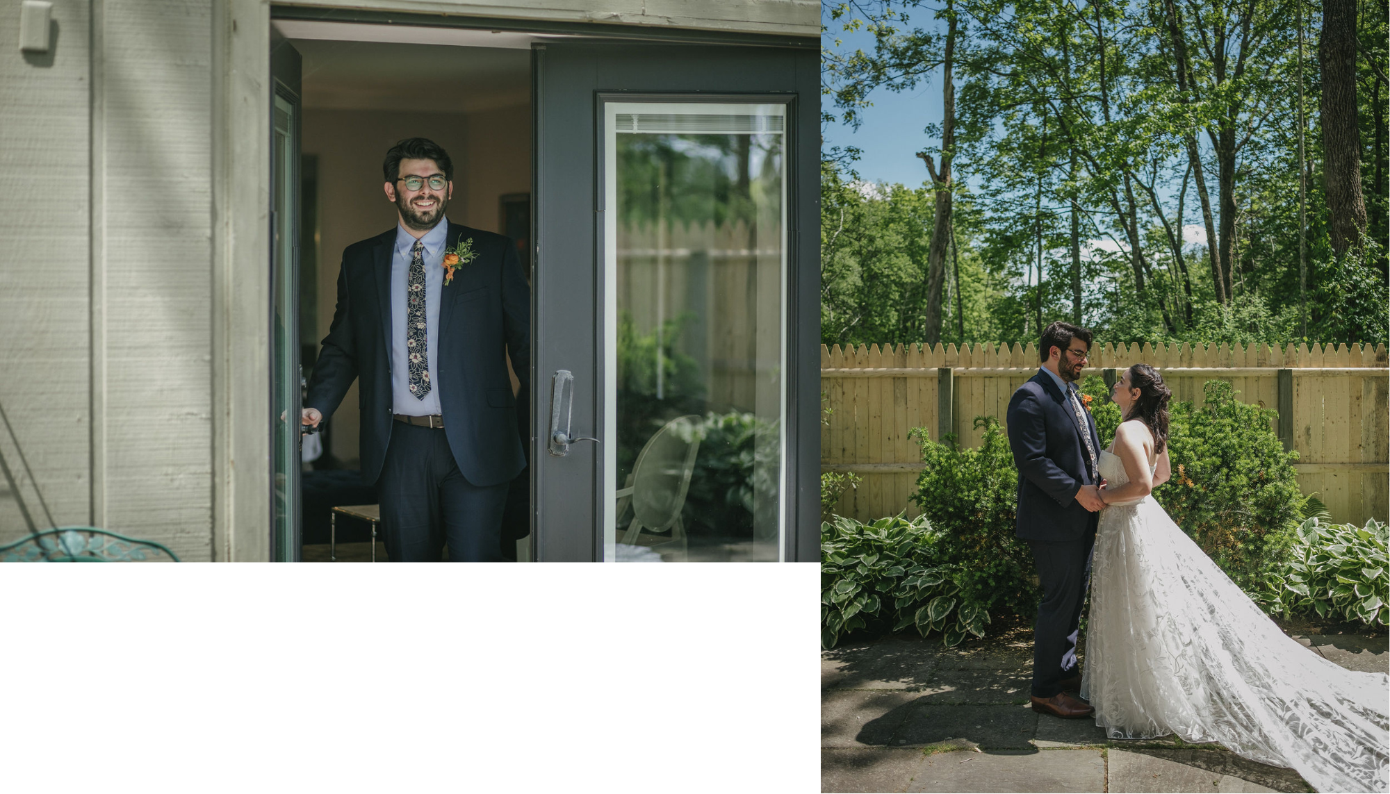 a collage of a man walking out the door, and then of him looking at a bride and holding her
